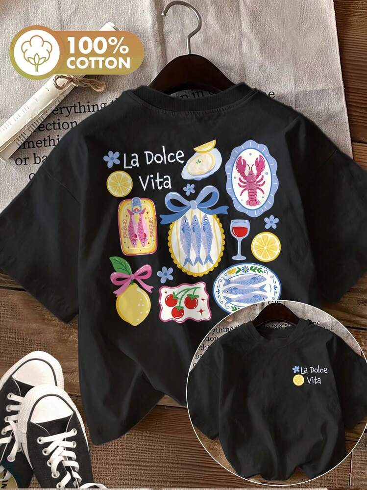 1pcs,Women's La Dolce Seafood Lemon Print-Shirt, Casual Crew Neck Cotton Tee, Summer Dual-Sided Graphic Top - 黑色 - 查看 1