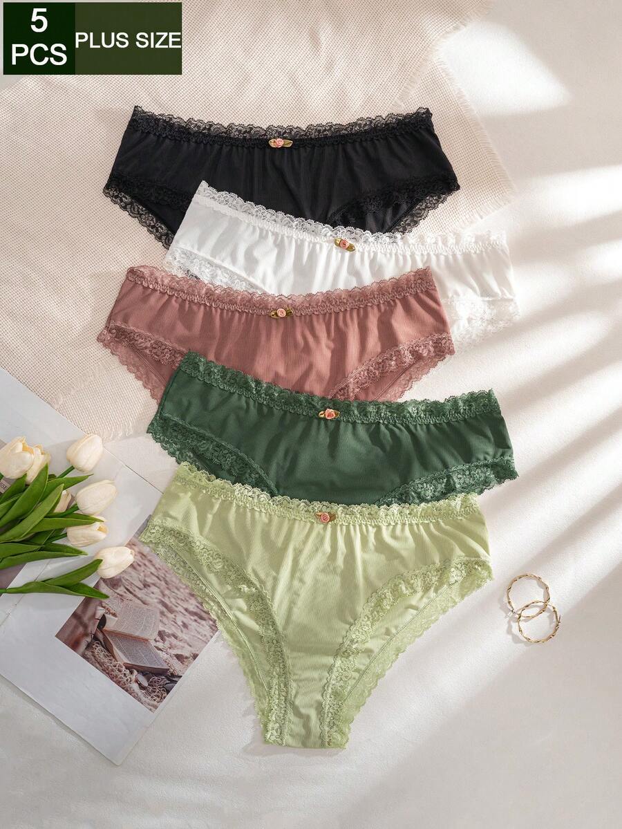 5pcs/Pack Plus Size Women Lace Patchwork Comfortable Briefs - Multicolor - View 1