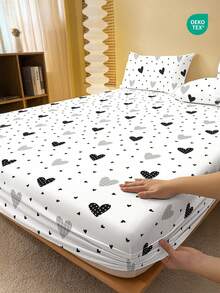 1pc Heart Patter Fitted Sheet, Pillowcases Not Included, Bed Linen, Fitted Sheet, Mattress Protector, Skin-Friendly Mattress Cover, Cute Heart Design Home Decor, Suitable For Twin, Full, Queen, King Size Beds, Oeko-Tex, Dorm Bedding, Summer, Cozy - Love Is Everywhere - View 2