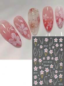 2pcs Embossed Pink Cherry Blossoms Flower French Nail Stickers Elegant Camellia Lily Floral Nail Decals With Golden Lines Wedding Nail Charms Nail Supplies Manicure - Multicolor - View 6