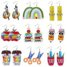 9 Pairs Graduation/Back To School Teacher's Day Earrings Set, Pencil, Book, Coffee Cup, Apple, Math Symbols, Love, Rainbow, Leopard Print, Gift For Teachers And Students - 9-piece Set - View 4