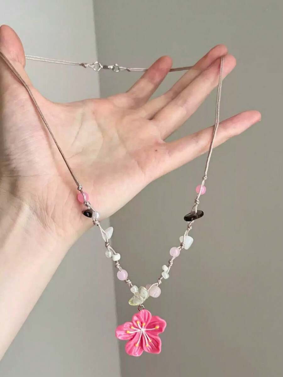 1 pieza Collar de cuerda trenzada multicolor con patrón floral, único y hermoso, adecuado para el estilo de vacaciones en la isla, se puede usar como gargantilla - Rosa - Ver 1