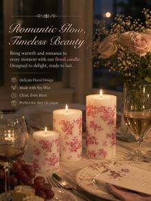 Pink Floral Print Cylindrical Candle, 1.96 Inch Romantic Rose Pink Pattern Design Candle, Smokeless Atmosphere, Decorative Candle, Perfect For Valentine's Day, Wedding Dinner, Birthday Party, Anniversary, Afternoon Tea, Picnic Scene, Home Decor - Pink Printed Column Wax - View 2