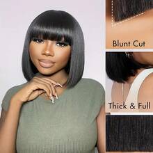Straight Wig With Bangs Full Machine Made Wigs Synthetic Hair Wig Wear And Go Wig 200% Density Non Lace Front Wig For Women Short Bob Straight Glueless Bangs Wig Natural Black Color With Bangs For Women Daily Wear/Special Events - Natural & Black - View 5