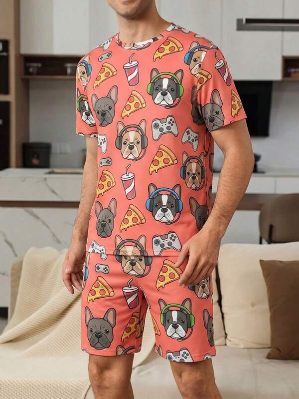 Men's Cartoon Pet Print Pajama Set Casual Short Sleeve T-Shirt + Shorts Comfortable Loungewear Set