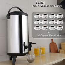 Dispenser per bevande isolato in acciaio inossidabile, 2,4 galloni 9,2 litri, dispenser termico per bevande calde e fredde con rubinetto e maniglia, di qualità alimentare per tè caldo, caffè, acqua, ristorante, bar - 12L, Rotondo - Visualizzare 2