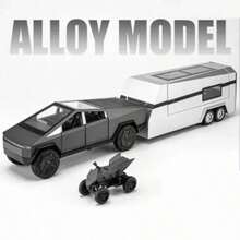 1:32 Tesla Cybertruck Trailer Light Toy Diecast Alloy Pull Back Car Model Gifts - Black - View 2