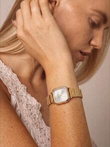 1pc Women's Gold Square Steel Band Watch, Silver Minimalist Dial, Luxury Business Quartz Wristwatch, Suitable For Daily Commute And Date Wear - one-size - View 2