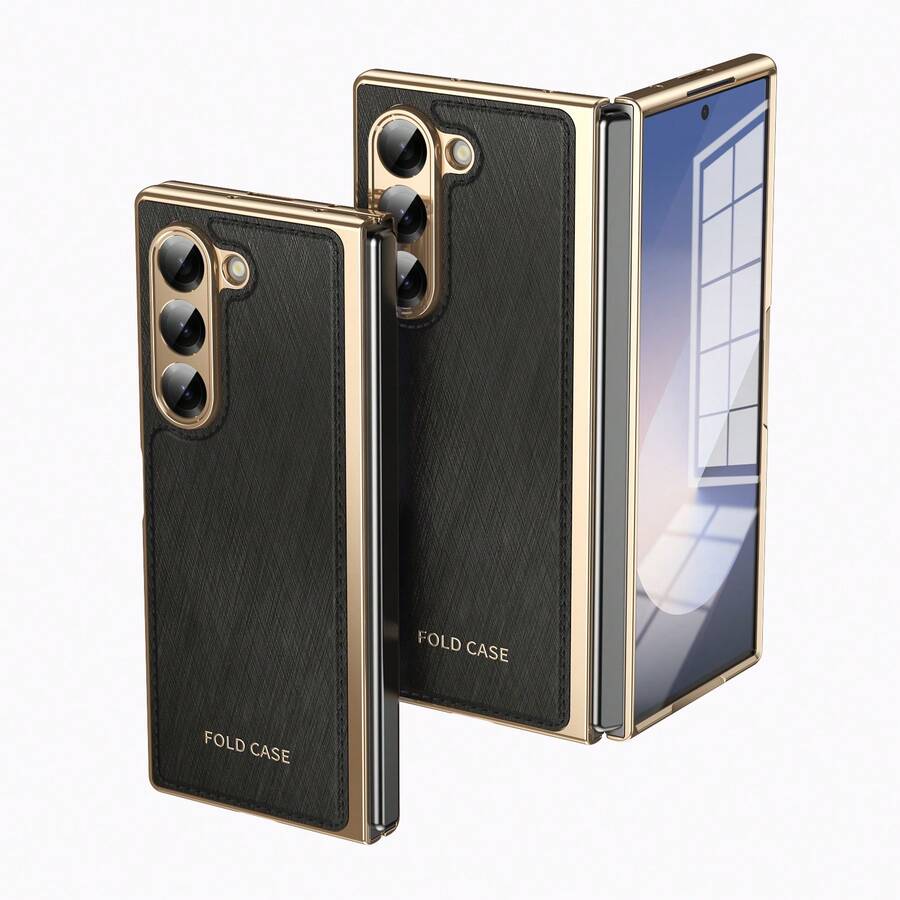 VIETAO Electroplated Gold Silk Texture Panel Design Protective Case For Samsung Z Fold 7 6 5 4 Foldable Phone, PC Matte Back Panel - Black - View 1