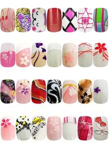 Finger Queen Short Square Geometric Pink False Nails 24pcs Card - Geométrica Rosa Rosa - Ver 6