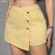 yonghongmaoyi1  ICON Falda-pantalón casual de mezclilla con bolsillo y bajo asimétrico de mujer - Amarillo - Ver 5