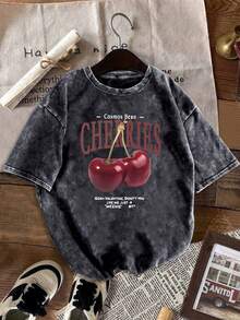 Talla Grande - Talla Grande - /Retro para Mujer - Camiseta de Talla Grande Artesanal Resistente Lavada/Estampada con Texto y Estampados de Tema Cerezas Divertidos, Dulces y a la Moda/Tendenc - Negro - Ver 1