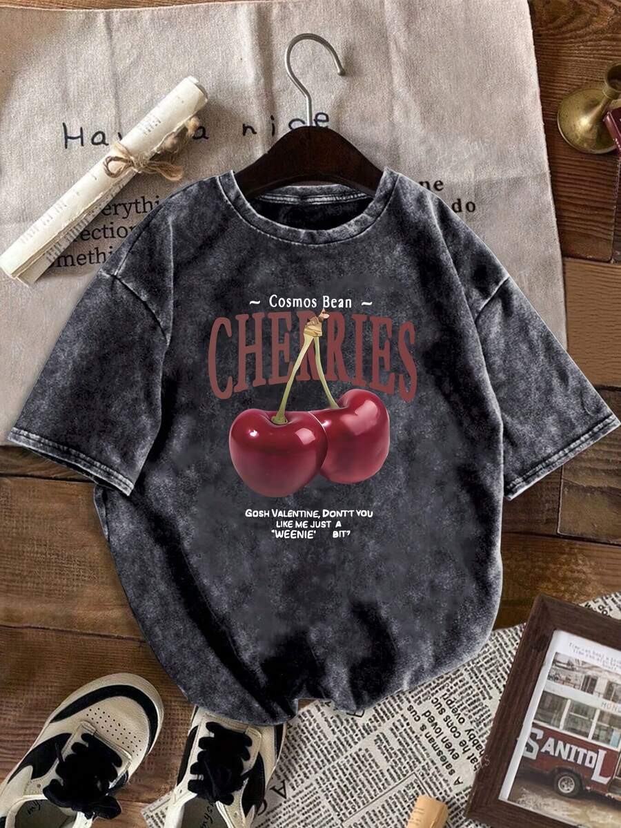 Talla Grande - Talla Grande - /Retro para Mujer - Camiseta de Talla Grande Artesanal Resistente Lavada/Estampada con Texto y Estampados de Tema Cerezas Divertidos, Dulces y a la Moda/Tendenc - Negro - Ver 1