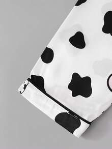 Faux Silk Fabric Cool Silky Cute Cow Print Short Sleeve Long Pants Set - White - View 8