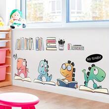 1pc PVC Cartoon Wall Sticker Self-Adhesive Decorative Bedroom Decor Study Room Sticker Cute Dinosaur Reading Pattern - one-size - View 2