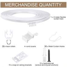 95 Pack Complete Set Flexible Curtain Track, 16.4 FT (5 M) Bendable Smooth Sliding Curtain Rail, Wall Mounted Curtain Rod, Multi-Purpose Sturdy Curtain Track System For Living Room Bedroom Bay Window Closet Office Home Room Divider Decoration, White - 5m - View 12