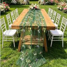 Embroidered Butterfly & Floral Table Runner Suitable For Weddings - Elegant Sheer Table Decor With Embroidery, Fabric, Length For Chair Back, Veil Or Party Decoration, Multi-Use Decorative Table Runner For Special Events - Dark Green - View 4