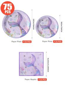 100/75/25/10pcs Purple Big Fish Tail Ocean Theme Disposable Plates, Napkins, Cups Set, Party Supplies, Suitable For 25 Guests, Disposable Paper Plates Party Tableware For Birthday, Wedding, Party, Family Picnic - Multicolor - View 11