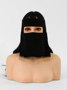 1PC Women's Solid Color Gold Tassel Niqab, Lightweight Breathable Tie-Up Black Fashion Versatile Face Mask - Black - Small Tassel Face Mask - View 6