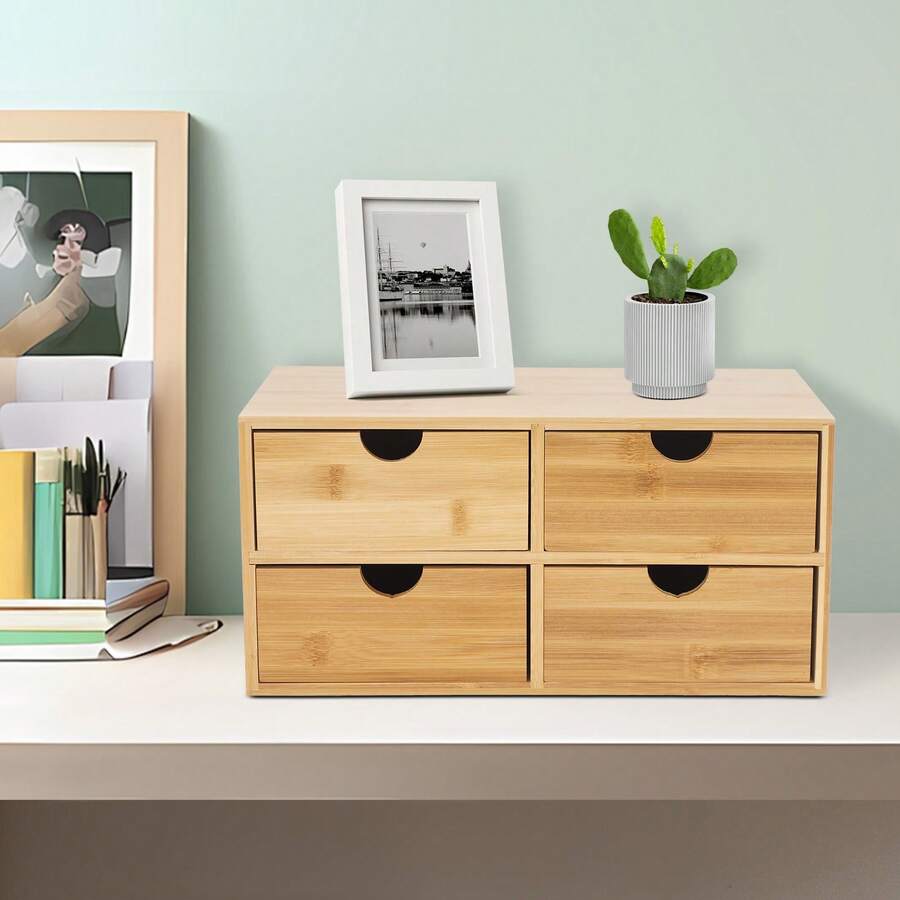 WUPYI Schreibtisch-Organizer mit 4 Schubladen, Schreibtisch-Organizer mit Curved Groove Griffe für Wohnzimmern, Schlafzimmern, Studienräumen, Büros - Holz - Übersicht 1