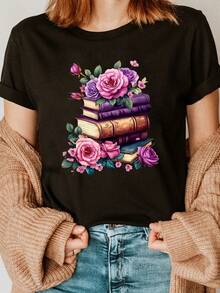 Camiseta con estampado de rosas, de manga corta y cuello redondo, estilo casual, adecuada para el verano y la primavera, ropa de uso diario para mujer. - Negro - Ver 1