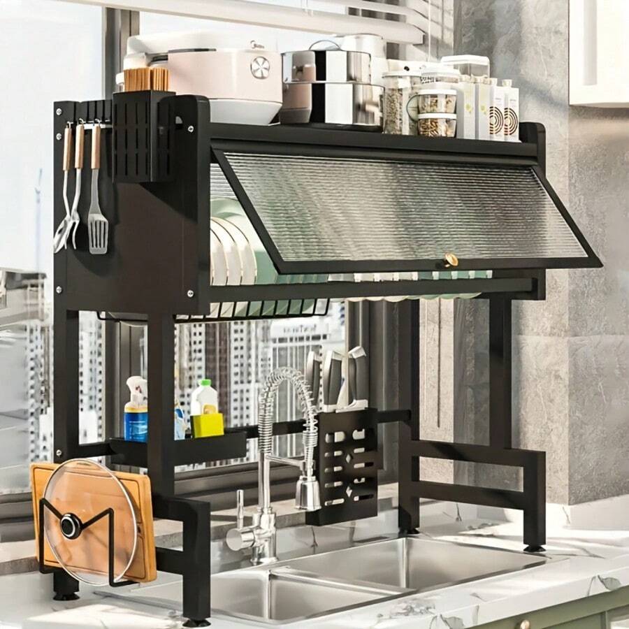 LEO IRIS 1 Multi-Tier Dish Drainer For Kitchen Sinks And Countertops-Dust-Proof, Storage, And Dish-Drying Rack; Household Dish And Cutlery Drainer; Black Kitchen Storage Rack - Black - View 1
