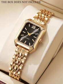 Juego de 7 piezas de reloj de cuarzo elegante y de lujo para mujer, que incluye reloj de cuarzo pequeño para mujer con esfera blanca de números romanos y correa de acero, pulsera de pétalos, pulsera, pendientes de botón y otros accesorios - Dorado - Ver 7