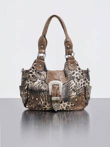 Rollcall Y2K Streetwear Women's Personalized Leopard Print Handbag, Large Capacity Vintage Rivet Crafted Shoulder Bag, Multi-Pocket Detachable Strap - Brown - View 1