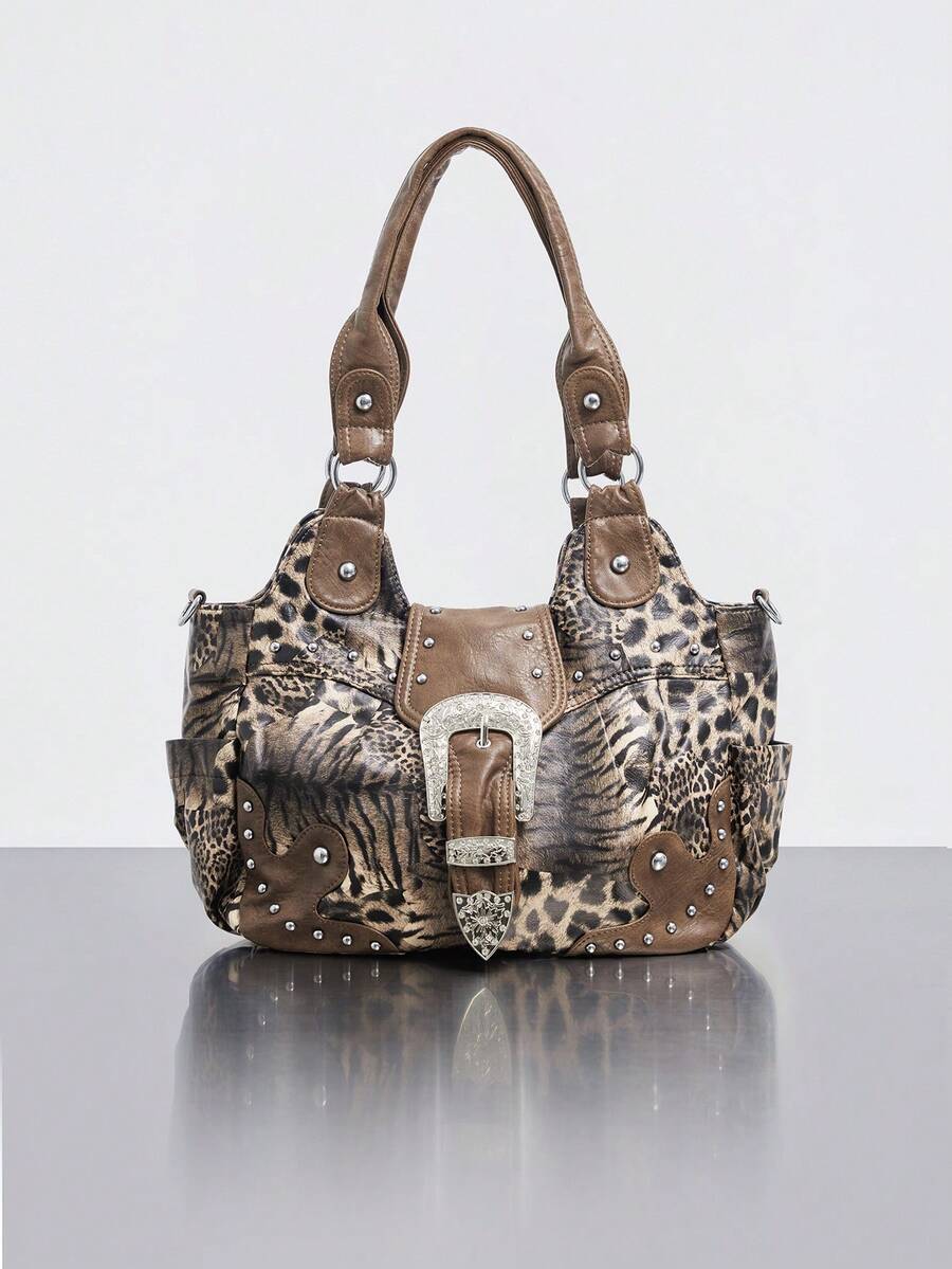 Rollcall Y2K Streetwear Women's Personalized Leopard Print Handbag, Large Capacity Vintage Rivet Crafted Shoulder Bag, Multi-Pocket Detachable Strap - Brown - View 1