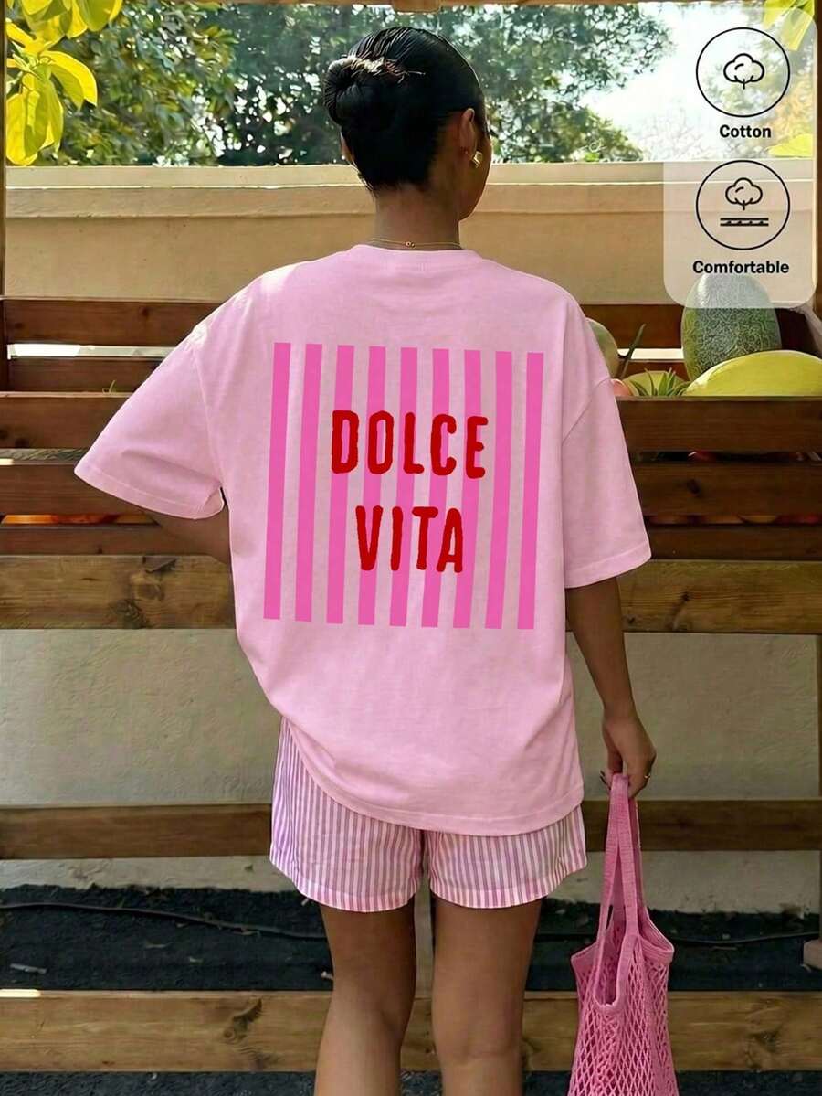 Women's Oversized T-Shirt With Pink And Red Striped Slogan Print, Casual Summer Holiday Style, Loose Fit, Round Neck, Short Sleeve, Comfortable - 嬰兒粉 3 - 查看 1