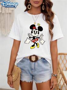 Disney Cute, T-Shirt, Minnie Mouse Print, Cotton Blend, Women's Casual Wear, One Size(2) - 白色 - 查看 3