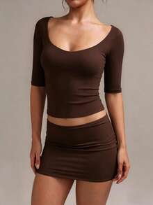 XLLAIS Sexy Sweetheart Neck Yoga Basic High Elasticity Naked Feel Slim Fit Brown 3/4 Sleeve Summer Sports T-Shirt Casual Back To School Style - Dark Brown - View 10
