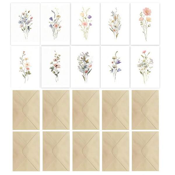 20pcs (10 Greeting Cards + 10 Envelopes) Artistic Watercolor Floral Greeting Card Set, Includes Envelopes, Blank Greeting Cards, Exquisite Watercolor Wildflower Blank Note Cards, Invitations For Wedding, Birthday And All Other Occasions (Envelope Color Random)