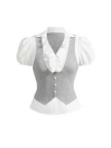 ROMWE Women's Goth Top, Vintage Gothic Style, 2-In-1 College Style, Back To School Summer - 淺灰色 - 查看 1