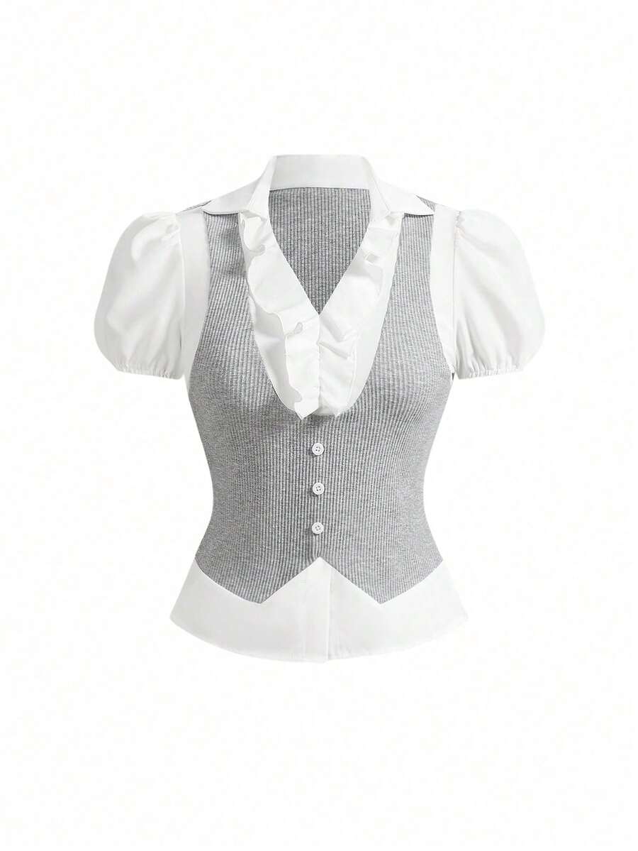 ROMWE Women's Goth Top, Vintage Gothic Style, 2-In-1 College Style, Back To School Summer - 淺灰色 - 查看 1