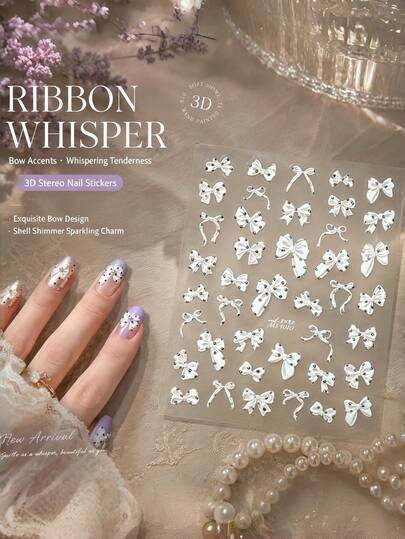 1pc 5D Pearl Ribbon Bow Nail Art Stickers, Elegant & Sweet Style Nail Decals, Self-Adhesive Nail Appliques, Summer DIY Nail Art Accessories, Easy Nail Stickers, Best Nail Supplies For Girls And Women, Suitable For Weddings And Elegant Occasions