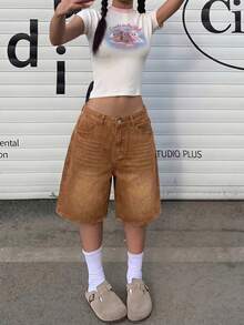 女款寬鬆直筒百慕大短褲，極簡風休閒夏季款 - 摩卡棕 - 查看 2