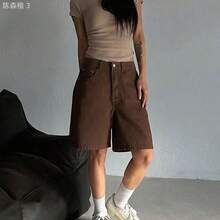 yonghongmaoyi1  Shorts vaqueros bermudas cómodos y holgados para mujer, nuevos modelos de verano - Marrón - Ver 5