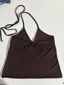 Minimalist Halter Top With V-Neck And Tie At The Neck Summer - Brown - View 13