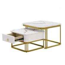 Stackable Coffee Table: Glossy Marble Look, Gold Details, Side Table With Drawers. Set Of Two Pieces. - White - View 7