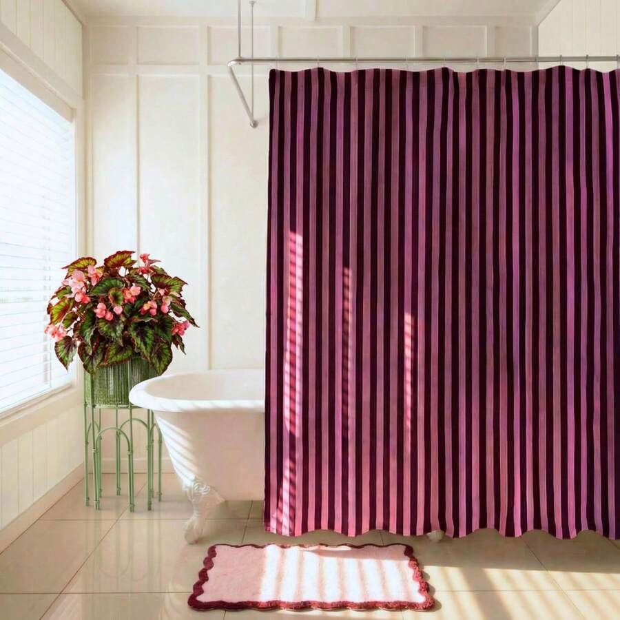 1pc Luxurious & High-End Minimalist Style | Versatile | Bathroom & Home Decor | Vintage Stripes Striped Purple Shower Curtain Boho Bathroom Decor Maroon And Pink Stripe Bath Curtain Mauve Bathroom Accessory Extra Long - 紫色 - 查看 1