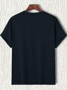 Camiseta Casual de Manga Corta con Cuello Redondo para Hombre - Cómoda para todas las estaciones, tejido de punto ligeramente elástico, camiseta deportiva de color sólido, corte regular adec - Negro - Ver 2