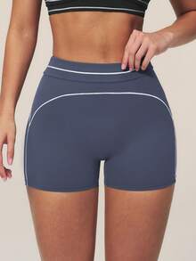 TimeOff Women's 1pc Colorblock White Stripe High Waist Tummy Control Sports Shorts - Navy Blue - View 9