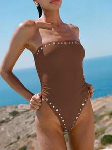 Traje de baño de una pieza para mujer de verano, unicolor con diseño de remaches, sin espalda, bandeau, diseño de corte de diseñador, adecuado para playa, piscina, ropa de vacaciones de verano, unicolor acanalado sin espalda para vacaciones en la playa, graduación, baile de graduación, cumpleaños, unicolor negro con perlas para vacaciones en la playa - Marrón Mocha - Ver 6