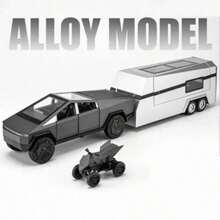1:32 Tesla Cybertruck Trailer Light Toy Diecast Alloy Pull Back Car Model Gifts - Black - View 3