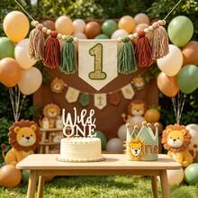 Ensemble de 3 décorations pour premier anniversaire sur le thème de la nature (vert et marron) : banderole pailletée avec chiffres pour chaise haute, chapeau couronne d'anniversaire et décoration pour gâteau. Accessoires photo et décoration pour gâteau d'anniversaire. - Voir 5