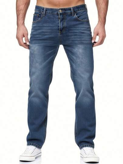 Men's Classic Straight-Leg Jeans In Washed Blue And Black; Feature An Internal Zipper And A Beltless Design; Suitable For All Seasons