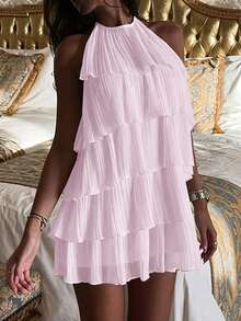 1 Set Solid Color Bohemian Woven Fabric Multi-Layered Casual Dress, Knot-Free Beach Resort Wear, Spring/Summer Elegant Pink - Pink - View 1
