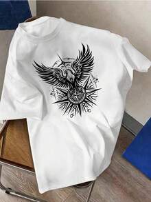 Summer Men's Crew Neck Short Sleeve Solid Color T Shirt, Breathable Comfortable Versatile Eagle Compass Print Casual Tops For Daily Outdoor Wear - 白色 - 查看 5