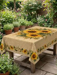 Sunflower Tablecloth, Faux Woven Texture Beige Dining Table Cover, Pastoral Vintage Farmhouse Floral Tablecloth, Suitable For Kitchen, Dining Room, Autumn Gatherings, Parties And Home Decor - B - View 7